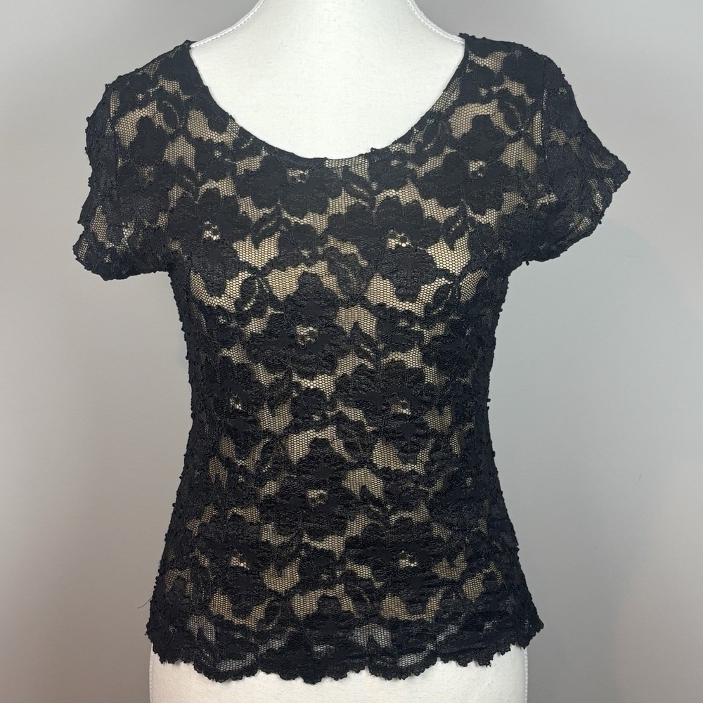 VTG Hanky Panky Womens Black Lace Short Sleeve Blouse Womens‎ MED Y2K Whimsigoth